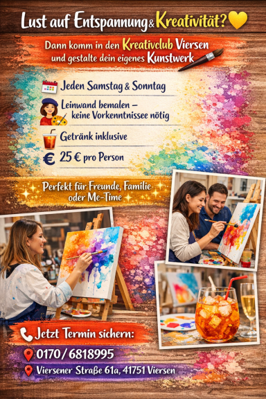 Jetzt für alle Altersklassen DIY jeden Samstag und Sontag kreatives Leinwand-Bemalen für nur 25 Euro pro Person. Nur mit Buchung möglich.